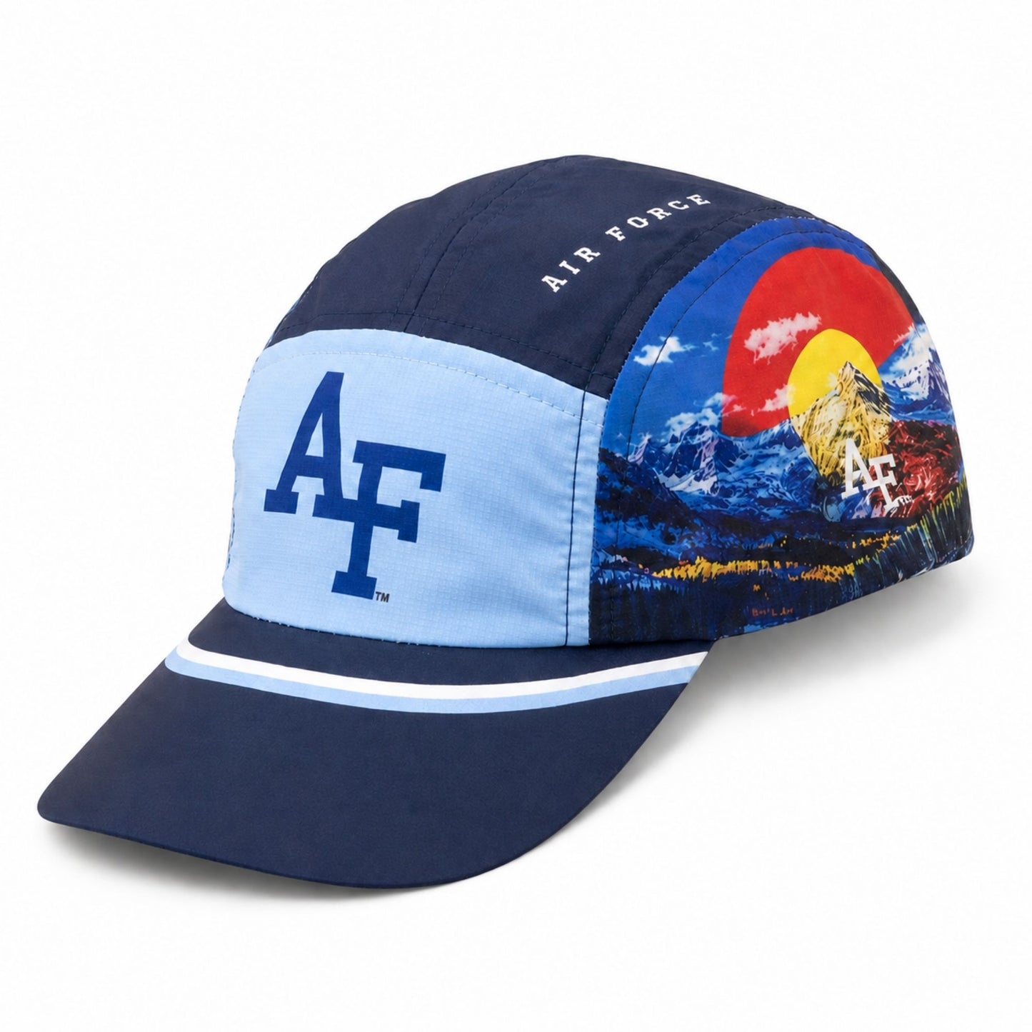Navy and light-blue Air Force Academy cycling hat with AF logos, Colorado mountain graphics, a striped extended bill, and a foldable design.