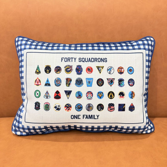 Air Force Academy Forty Squadrons One Family gingham rectangle pillow with squadron emblems design