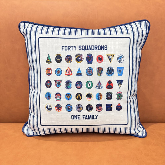 Air Force Academy Forty Squadrons One Family square pillow with all cadet squadron emblems design