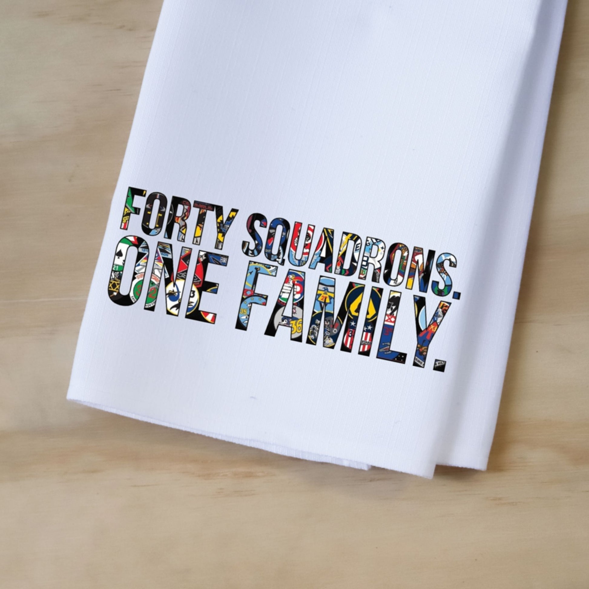 Air Force Academy Forty Squadrons One Family tea towel with squadron artwork design