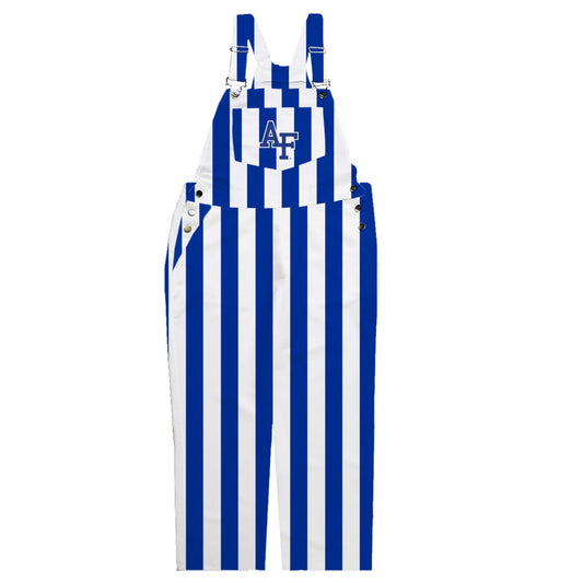 Air Force Academy blue and white striped Game Day overalls with AF logo on front bib
