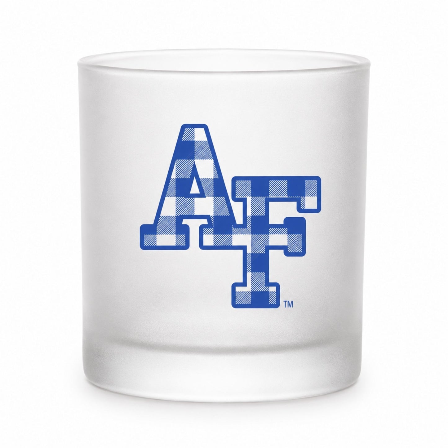 Air Force Academy gingham rocks glass with frosted finish and blue AF logo