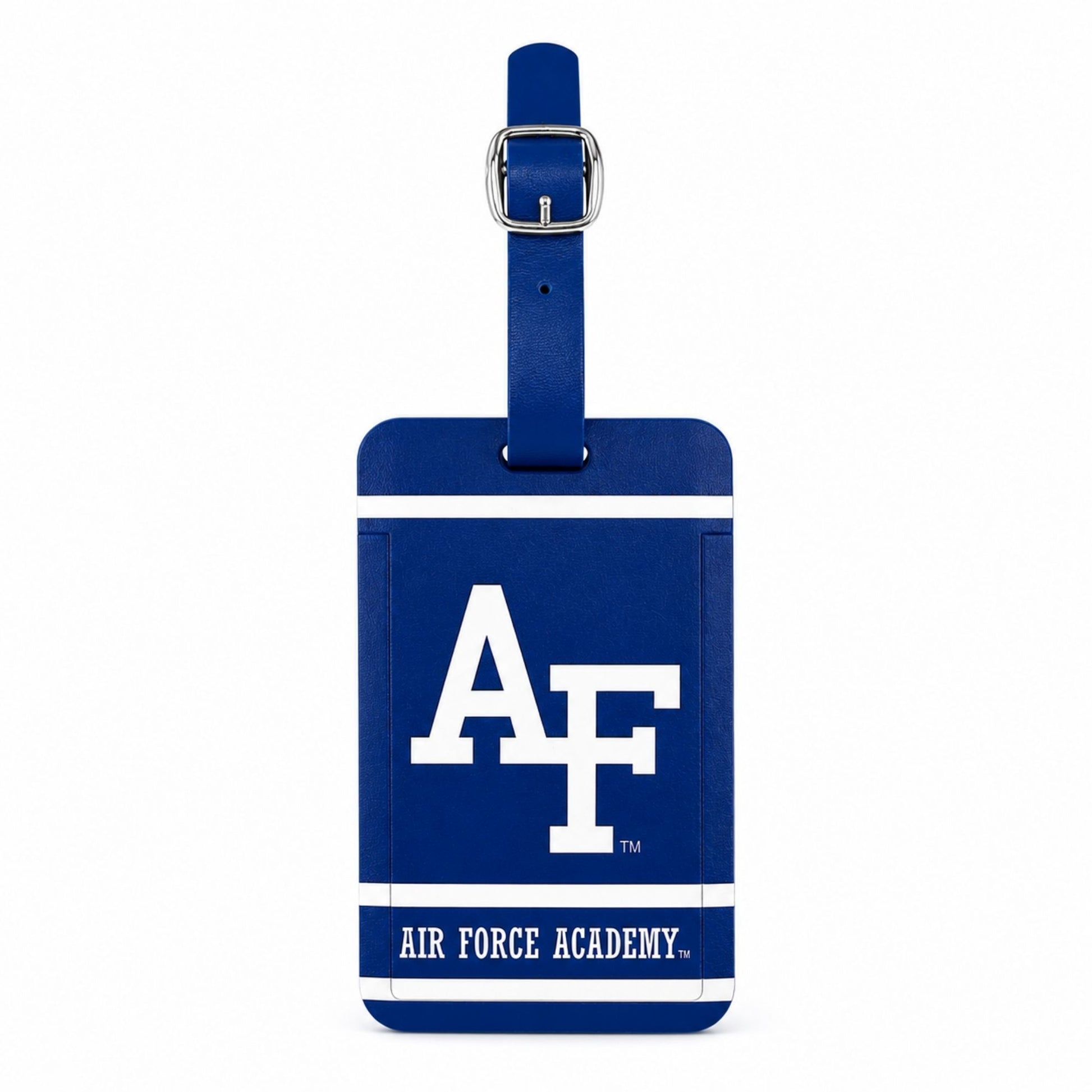 Air Force Academy golf bag tag with AF logo, full-color graphics, and faux leather strap displayed