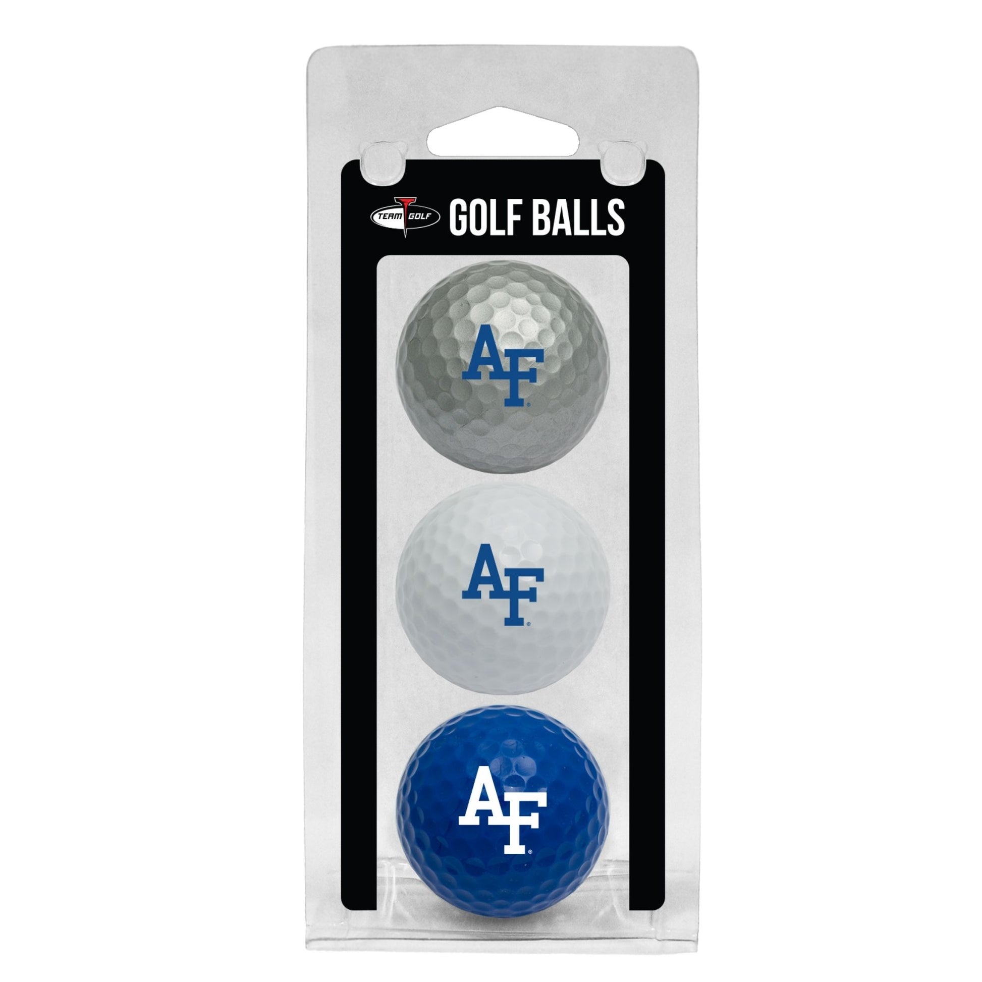Air Force Academy golf balls 3 pack in white, silver, and royal blue with AF logo