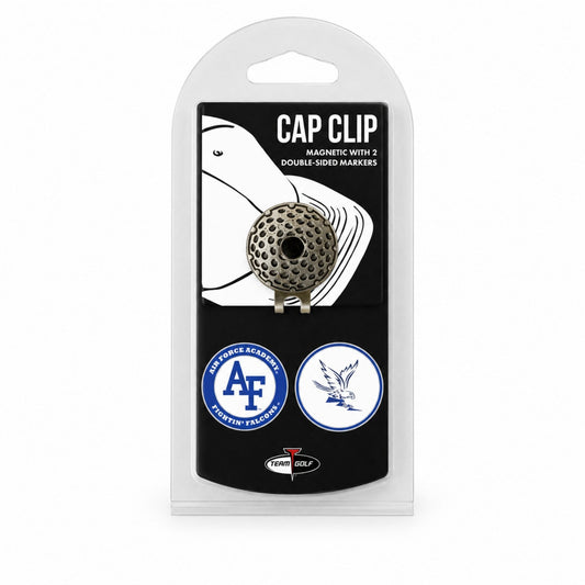 Air Force Academy golf cap clip with nickel finish and two removable double-sided magnetic ball markers in retail packaging.