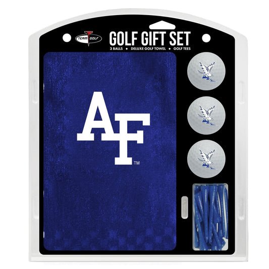Air Force Academy golf towel gift set with embroidered AF logo towel, three Spirit Falcon golf balls, and ten blue golf tees in retail packaging.