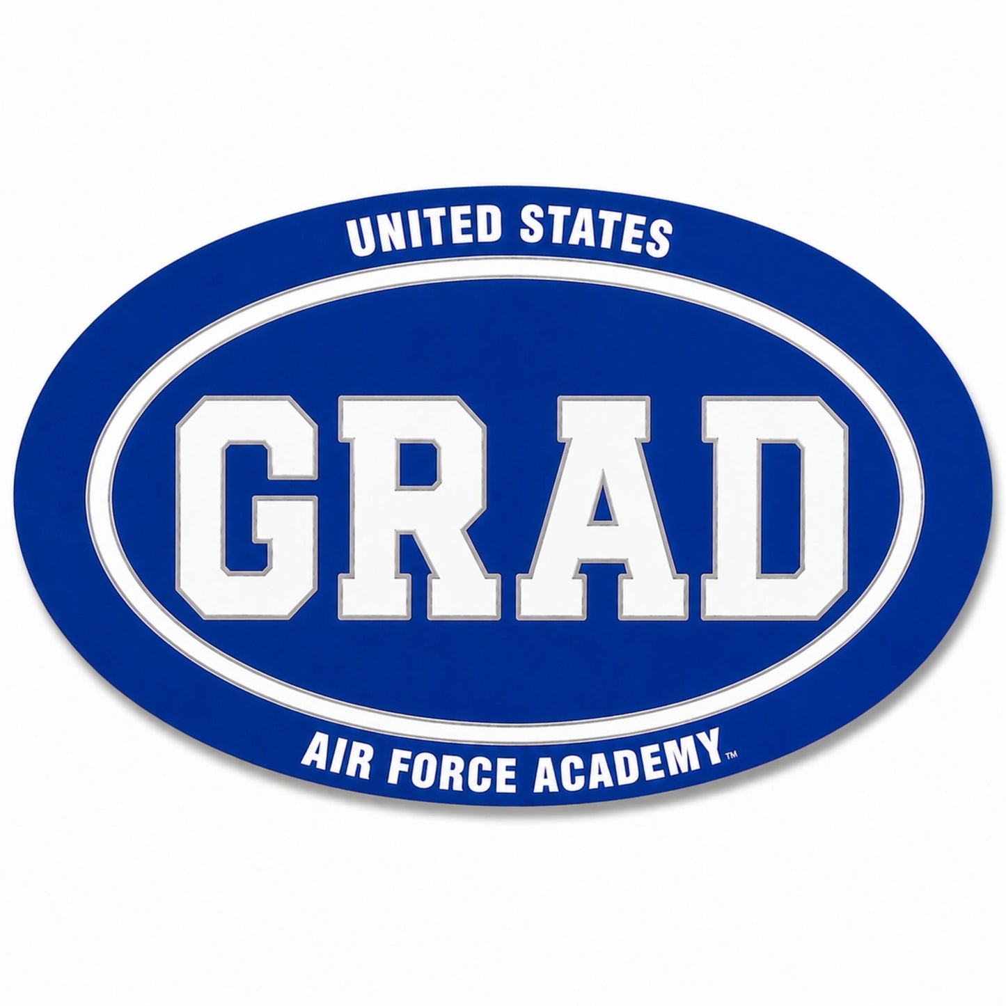 Air Force Academy GRAD auto magnet in royal blue and white measuring 6 inches wide by 4 inches high.