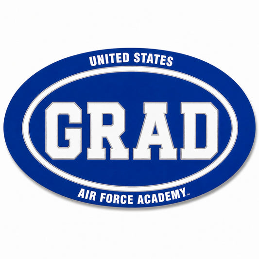 Air Force Academy GRAD auto magnet in royal blue and white measuring 6 inches wide by 4 inches high.