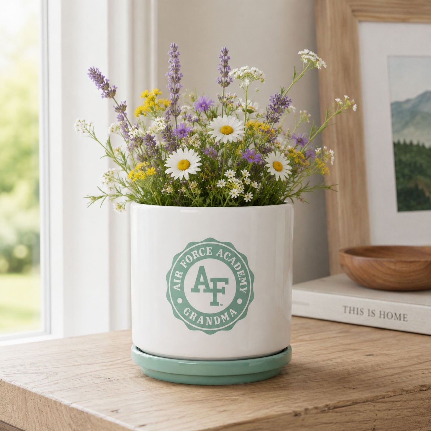 Air Force Academy Grandma ceramic planter with glossy white finish, Meadow Green drainage plate, and coordinating Air Force Academy Grandma design.