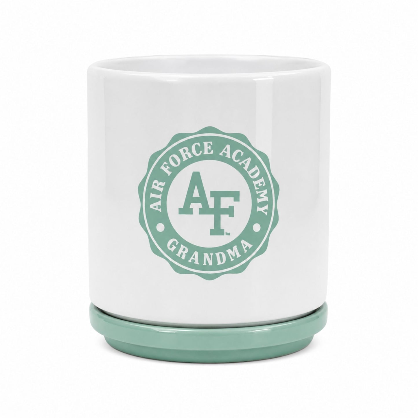 Air Force Academy Grandma ceramic planter with glossy white finish, Meadow Green drainage plate, and coordinating Air Force Academy Grandma design.