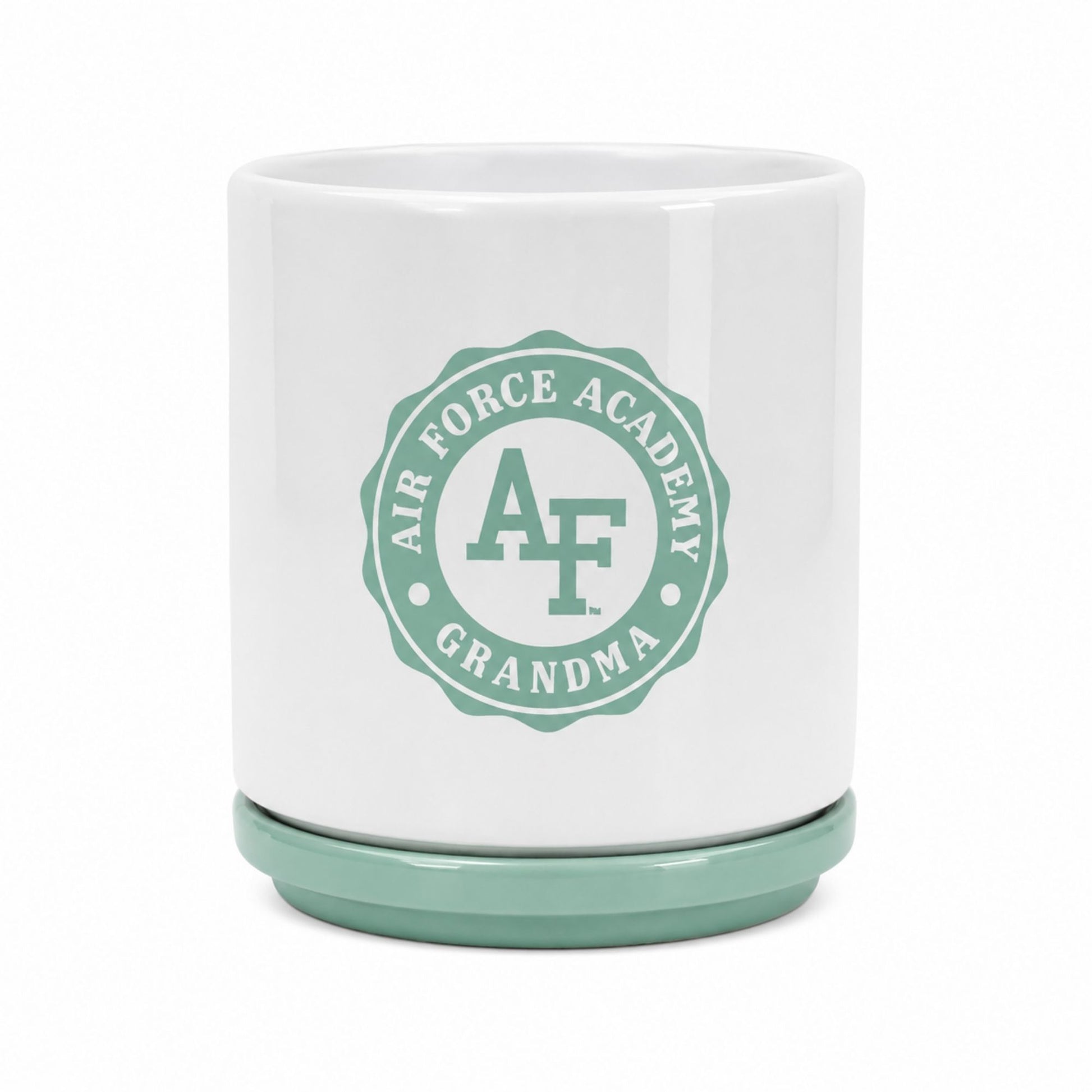 Air Force Academy Grandma ceramic planter with glossy white finish, Meadow Green drainage plate, and coordinating Air Force Academy Grandma design.