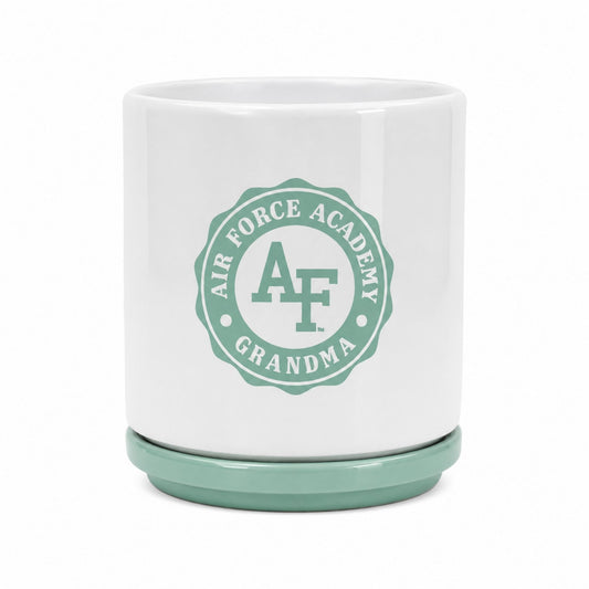 Air Force Academy Grandma ceramic planter with glossy white finish, Meadow Green drainage plate, and coordinating Air Force Academy Grandma design.