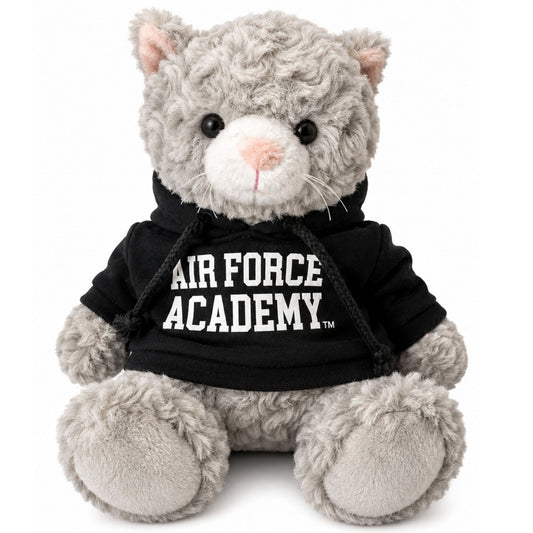 Gray Air Force Academy plush cat with soft swirly minky-textured fur, pink nose, black hoodie, and embroidered Air Force Academy logo