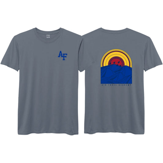 Air Force Academy Grey T-Shirt with AF Logo and Mountain Sunset Flyover Graphic
