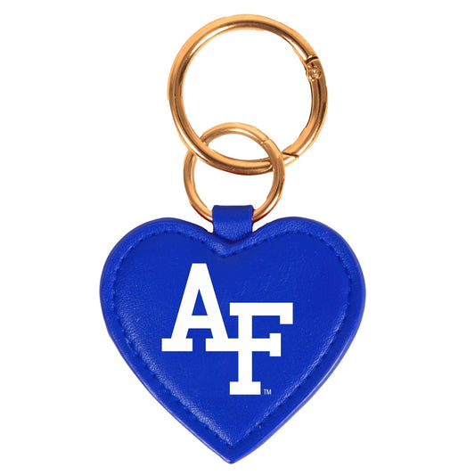 Air Force Academy heart-shaped purse charm in blue vegan leather with AF logo and gold key ring hardware on white background