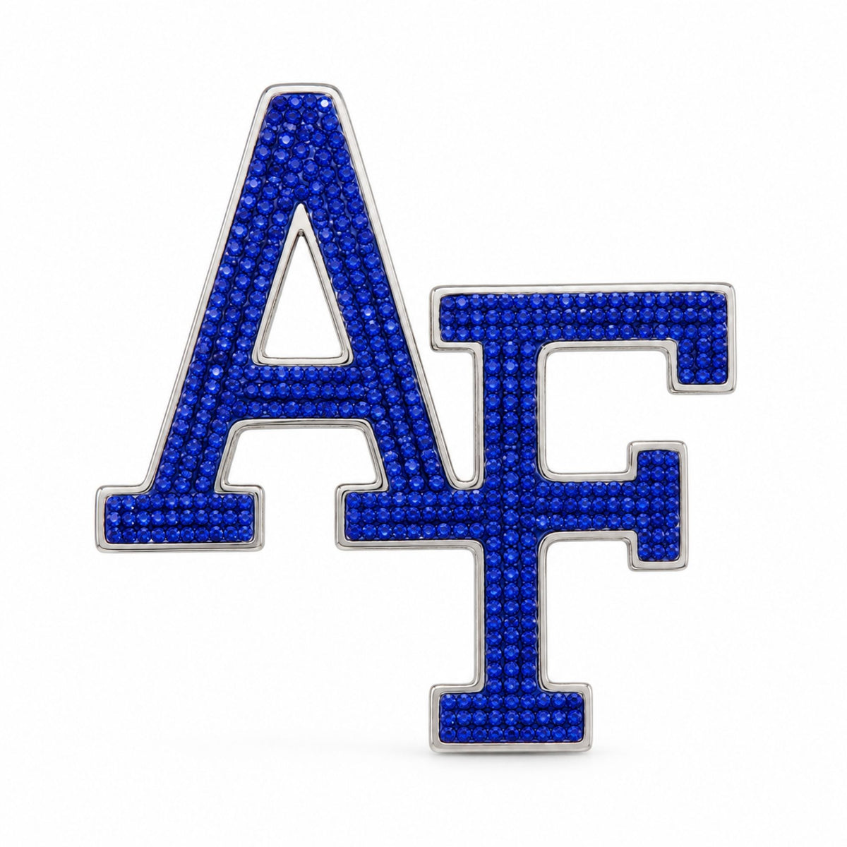 Air Force Academy AF emblem brooch with sapphire-colored Preciosa crystals and a silver-tone rhodium-plated border.