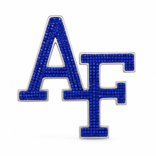 Air Force Academy AF emblem brooch with sapphire-colored Preciosa crystals and a silver-tone rhodium-plated border.