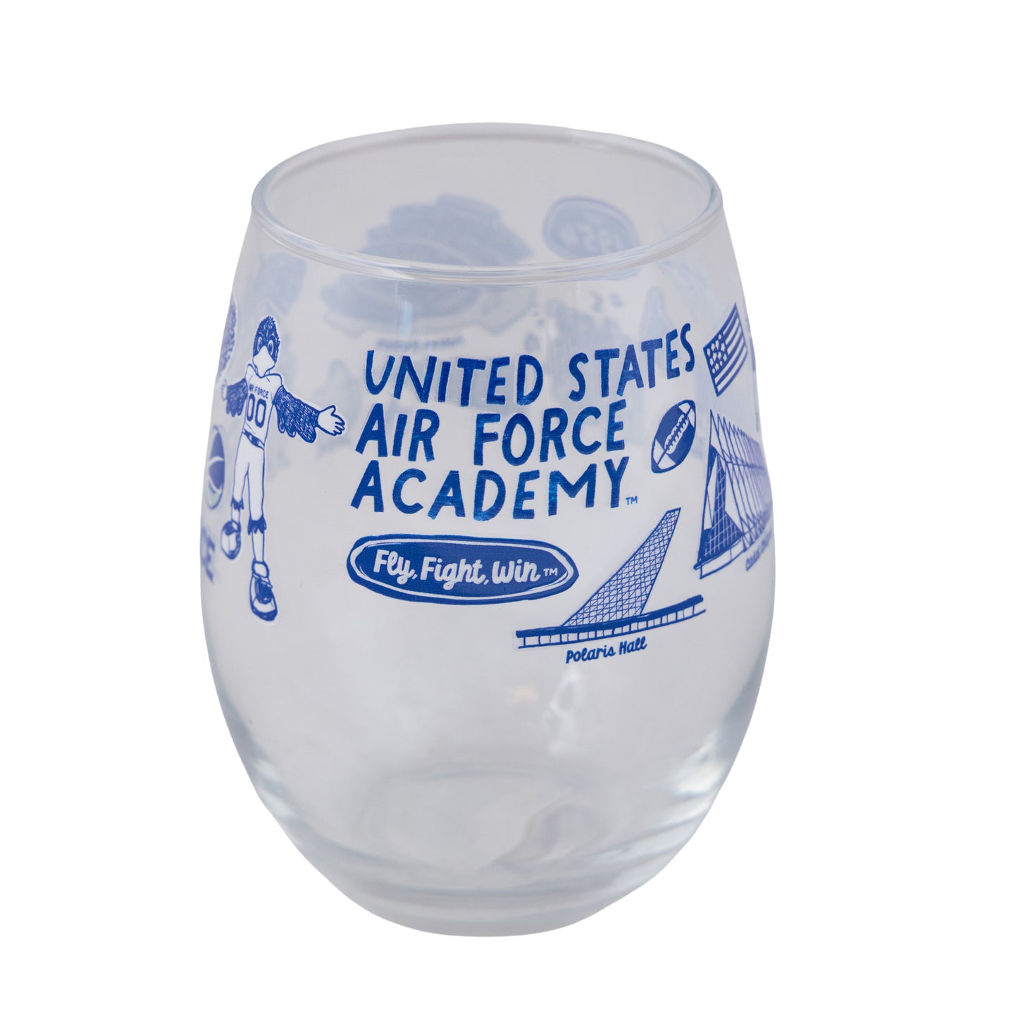 Frosted Air Force Academy stemless wine glass with blue illustrated graphics and “Fly, Fight, Win” logo on the front