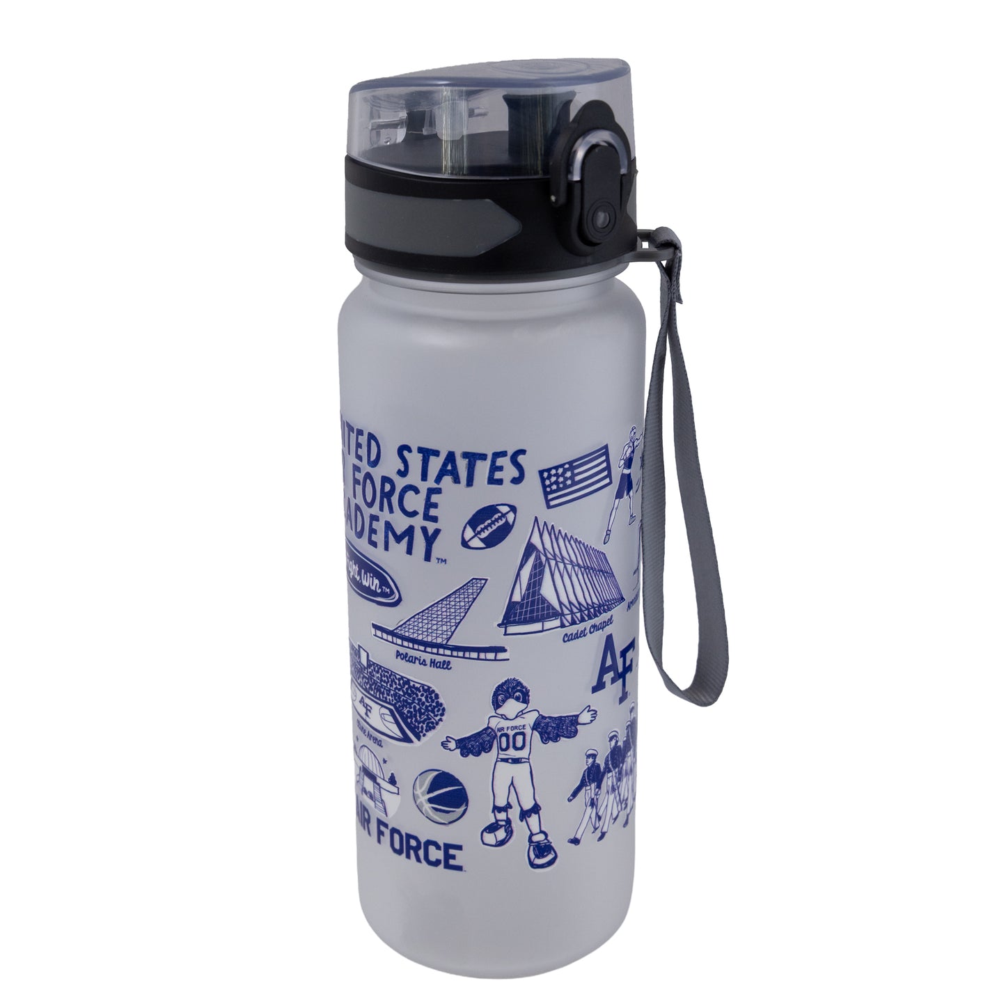Frosted Air Force Academy 25oz water bottle with blue illustrated graphics and flip-top lid