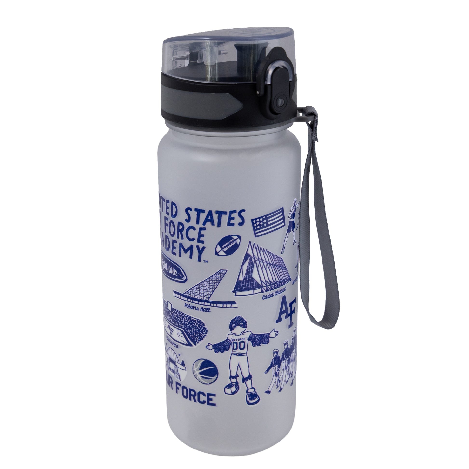 Frosted Air Force Academy 25oz water bottle with blue illustrated graphics and flip-top lid