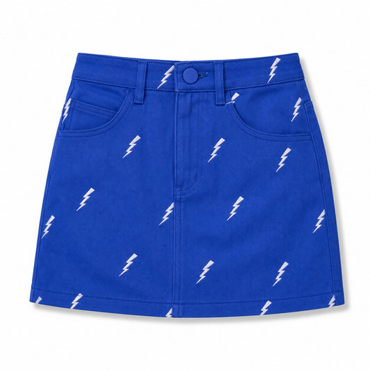 Blue Air Force Academy mini skirt with embroidered white lightning bolts, front pockets and button closure