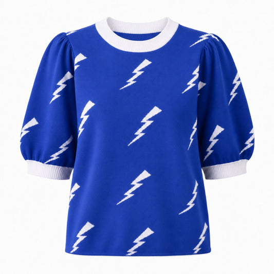 Blue Air Force Academy knit sweater top with white lightning bolts, puff sleeves and white ribbed trim