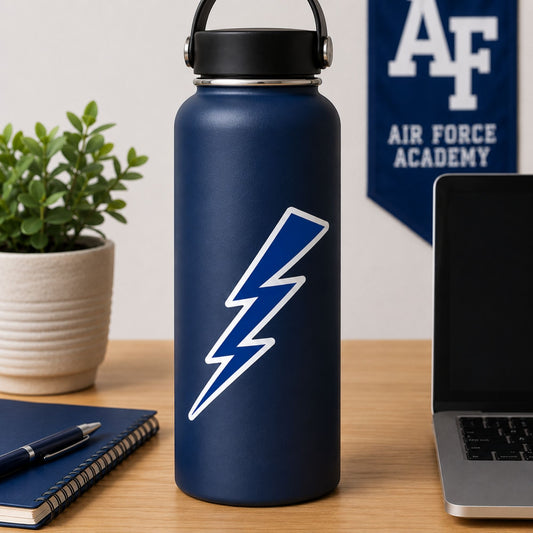 Air Force Academy blue lightning bolt vinyl sticker with white border.