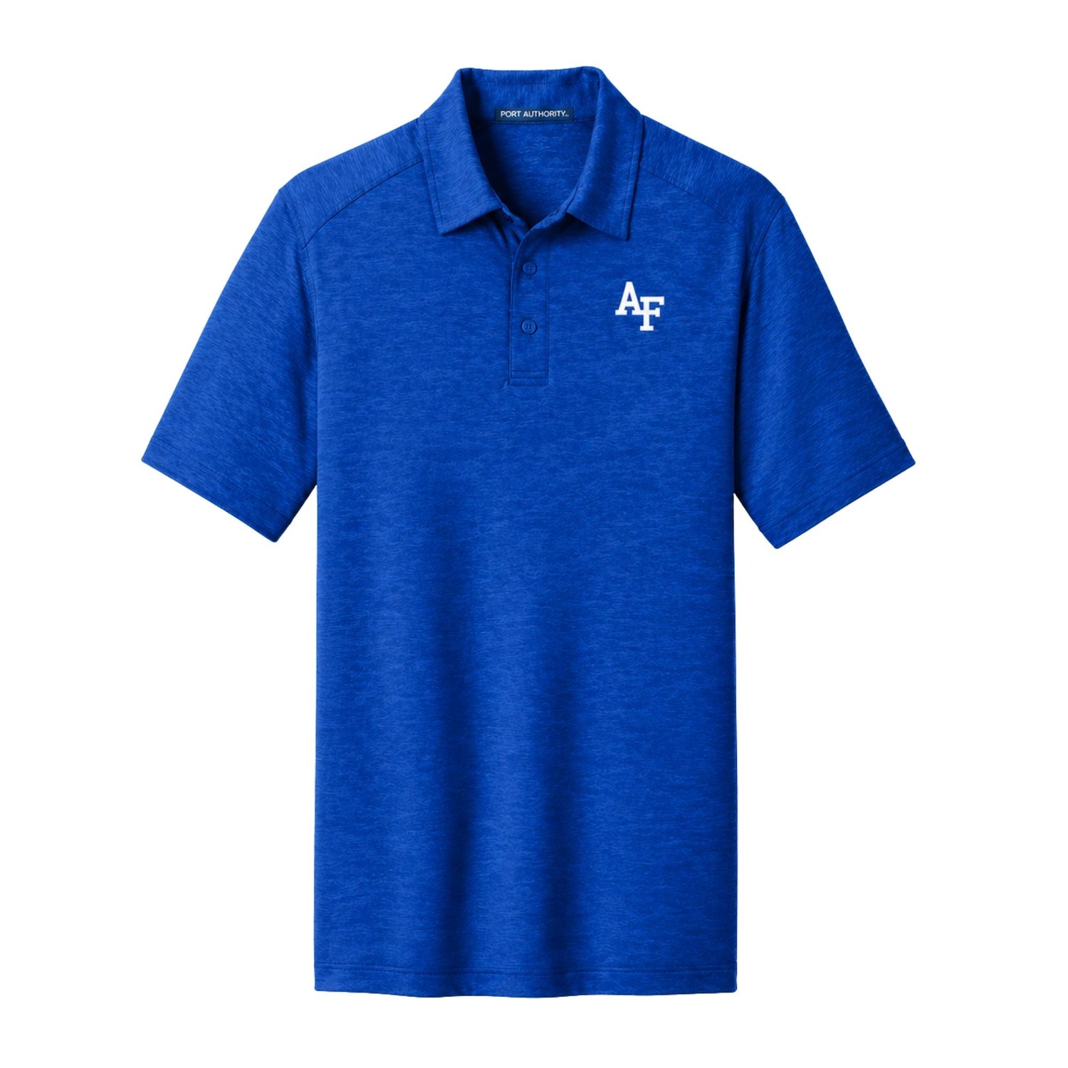 Men’s royal blue Air Force Academy performance polo with moisture-wicking fabric and embroidered AF logo on chest