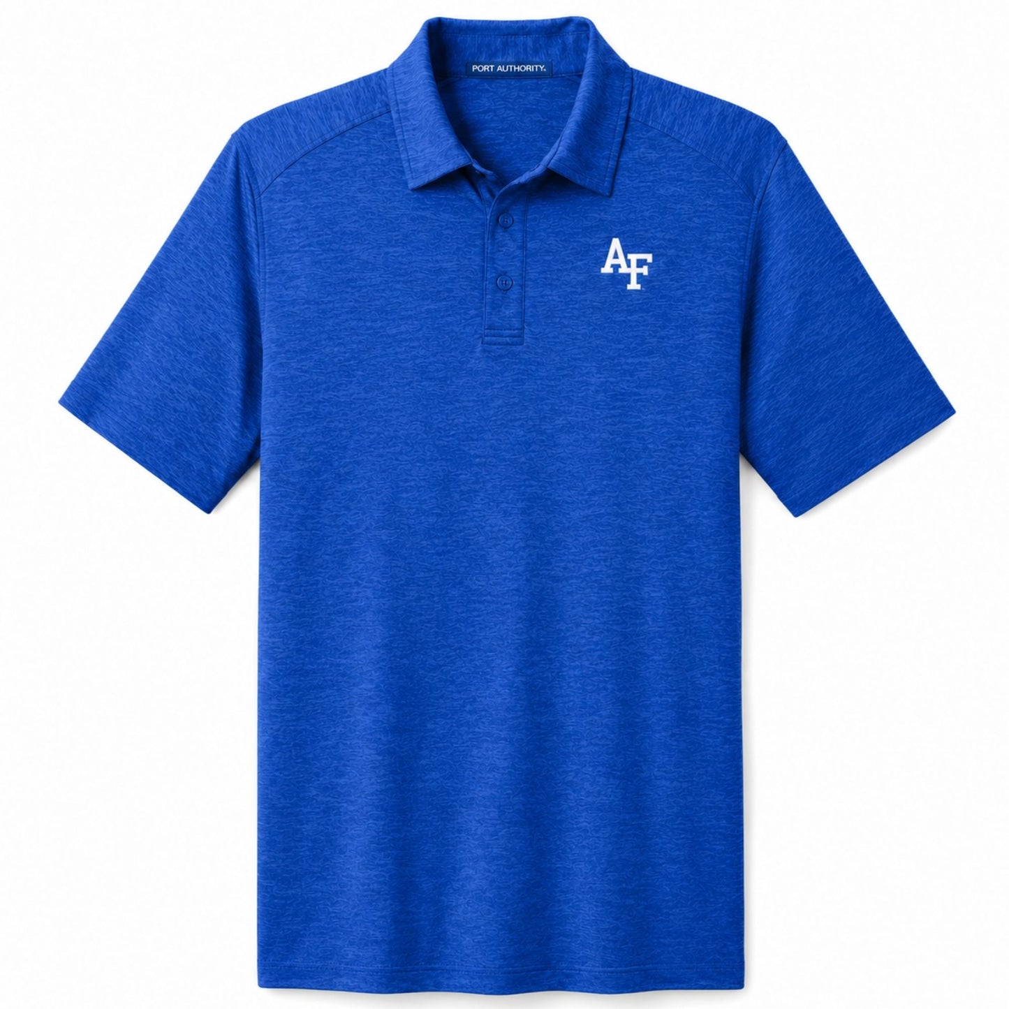 Men’s royal blue Air Force Academy performance polo with moisture-wicking fabric and embroidered AF logo on chest