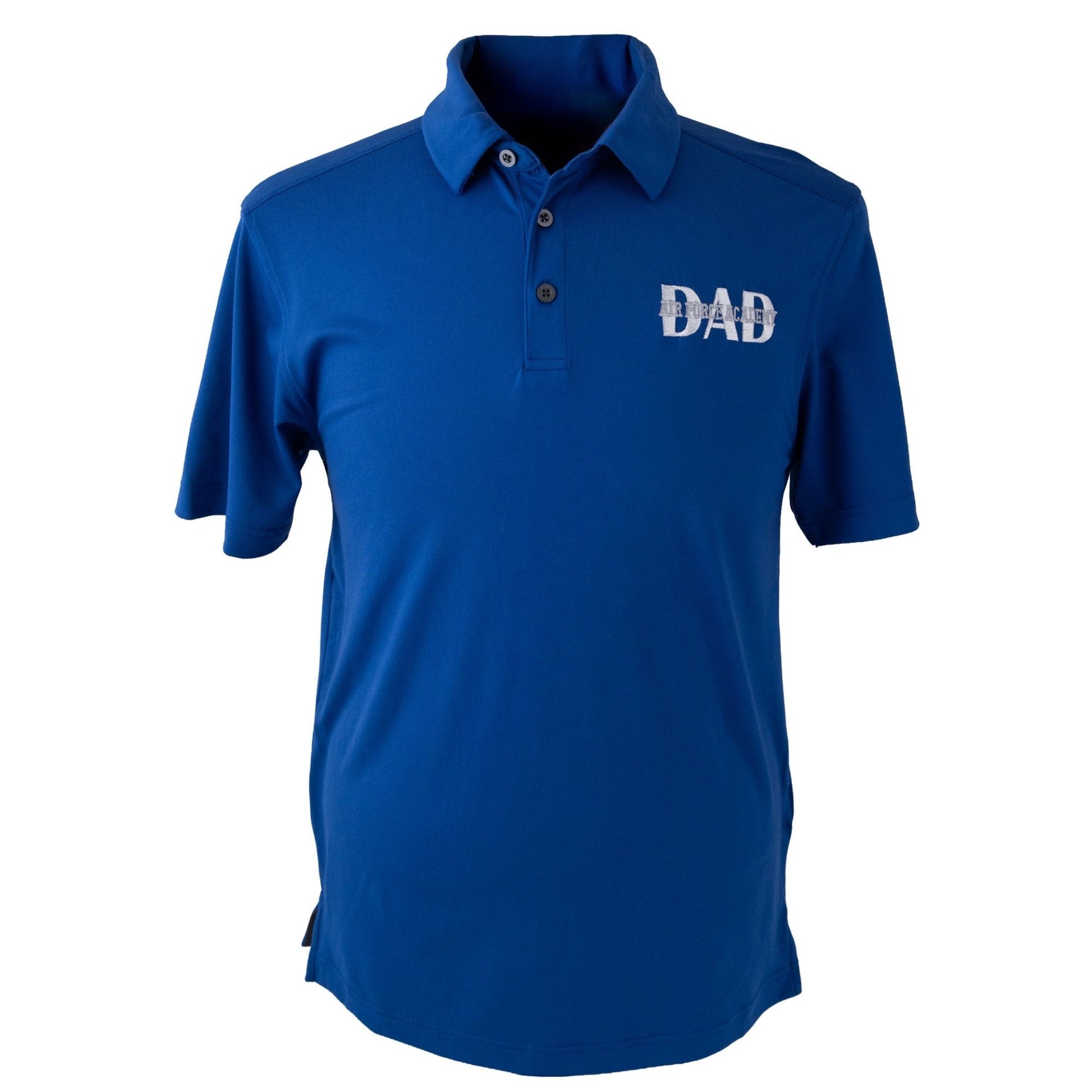 Royal blue men’s Air Force Academy polo shirt with “Dad” lettering on the chest