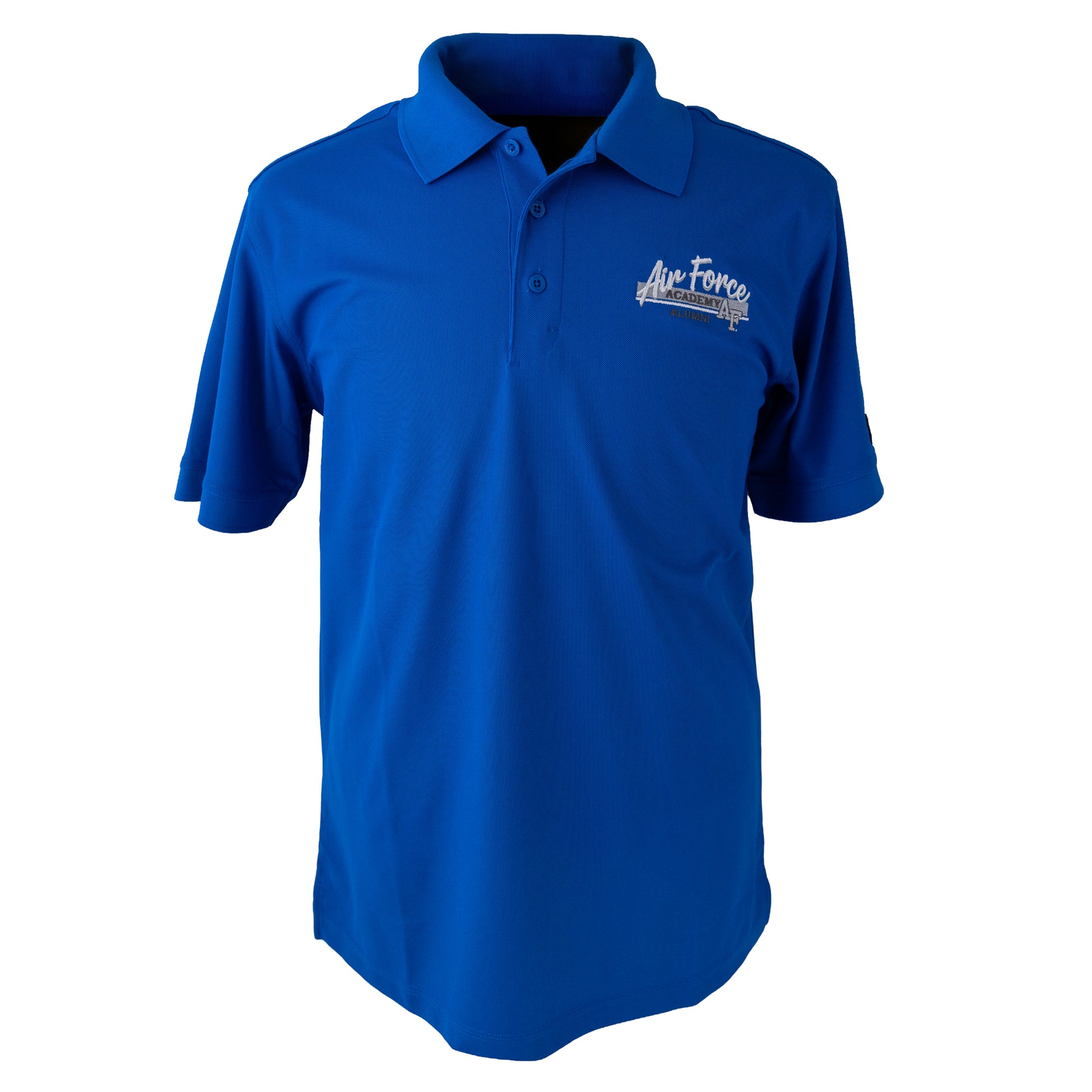 Royal blue Air Force Academy polo shirt with embroidered logo on the left chest