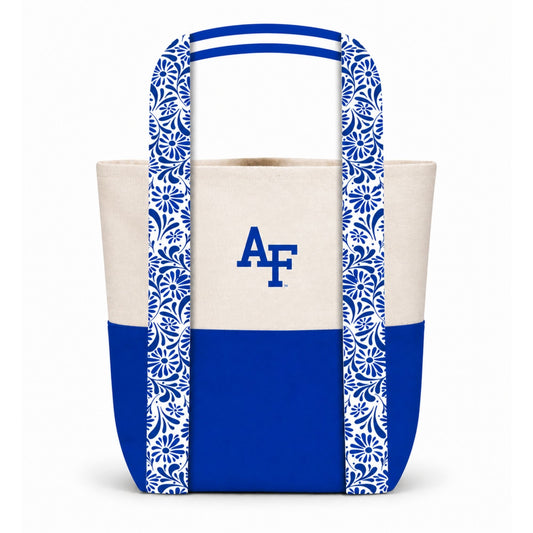 Air Force Academy mini canvas tote bag with blue base, AF logo, and floral patterned straps on a clean white background