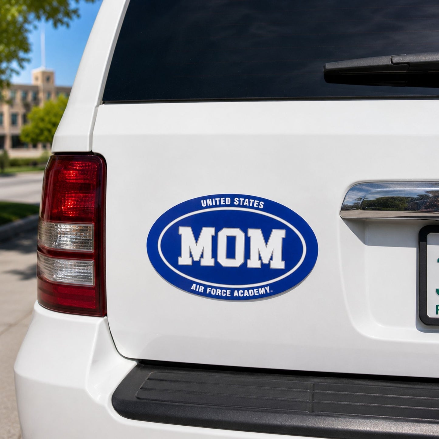 Air Force Academy MOM auto magnet in royal blue and white measuring 6 inches wide by 4 inches high.