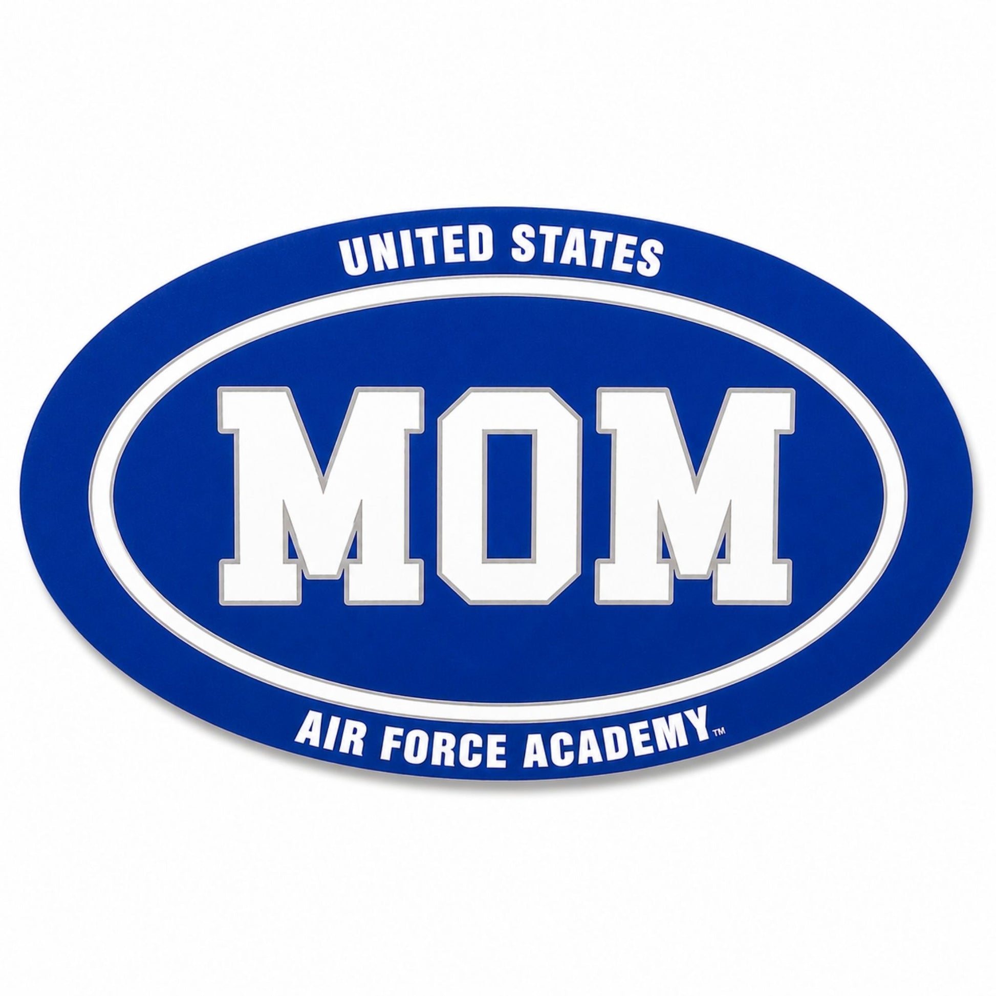 Air Force Academy MOM auto magnet in royal blue and white measuring 6 inches wide by 4 inches high.