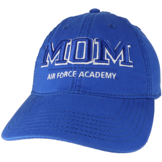 Air Force Academy Mom Hat in royal blue with embroidered Air Force Academy Mom text