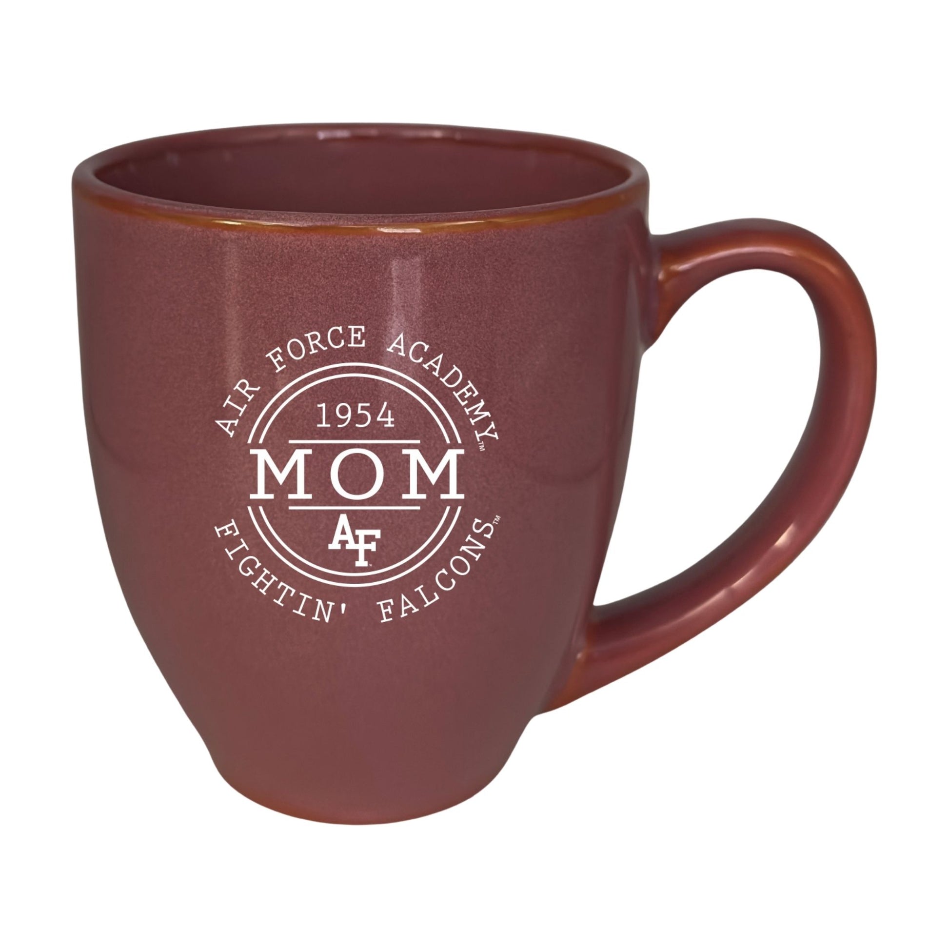 Air Force Academy Mom Heritage Mug in crimson. A timeless 16 oz. stoneware mug celebrating USAFA moms and the Long Blue Line.