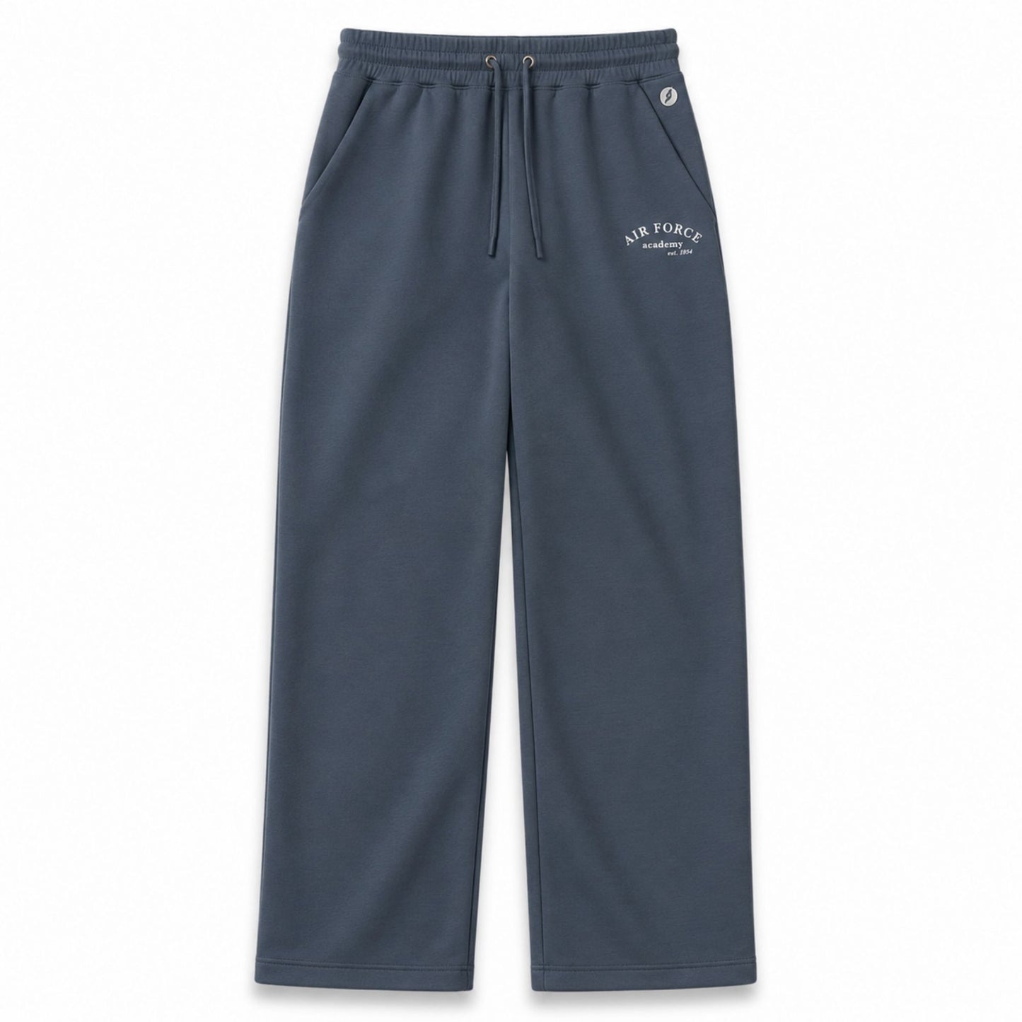 Air Force Academy Monterey Lounge Wide Leg Pant in slate blue scuba knit fabric with relaxed wide leg fit and drawstring waist