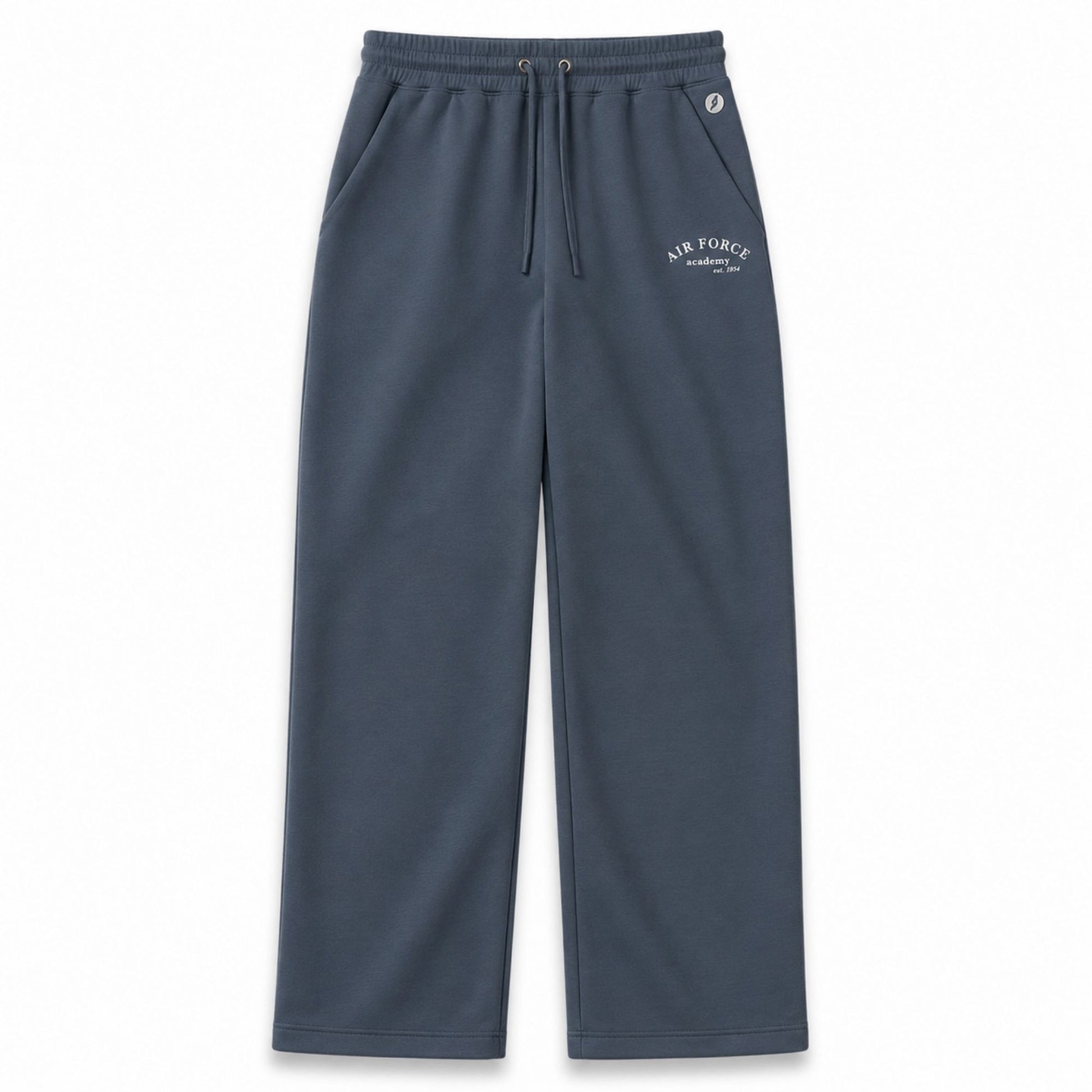Air Force Academy Monterey Lounge Wide Leg Pant in slate blue scuba knit fabric with relaxed wide leg fit and drawstring waist