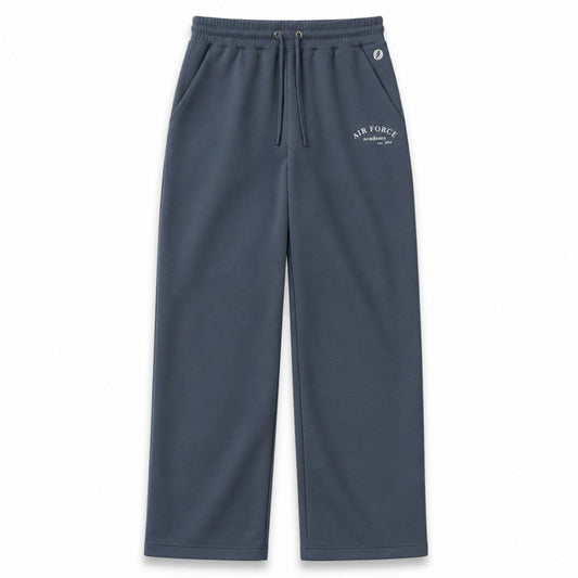 Air Force Academy Monterey Lounge Wide Leg Pant in slate blue scuba knit fabric with relaxed wide leg fit and drawstring waist