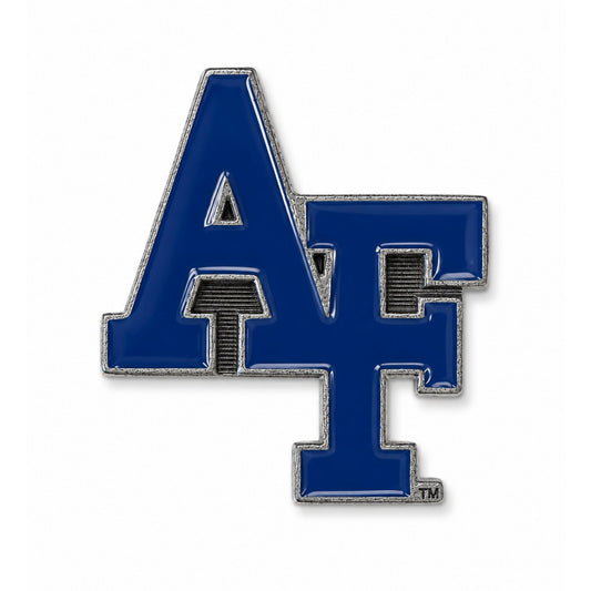 Pewter Air Force Academy interlocking AF auto emblem with blue enamel finish and adhesive backing, measuring 2.5 inches by 2.5 inches.