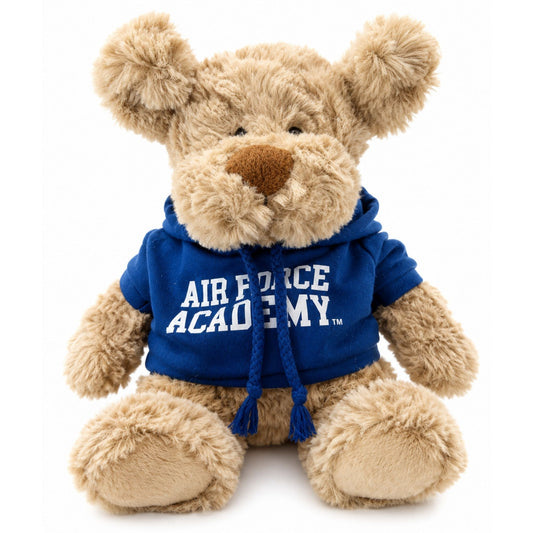 Light tan Air Force Academy plush dog wearing a royal blue hoodie with white Air Force Academy lettering, displayed