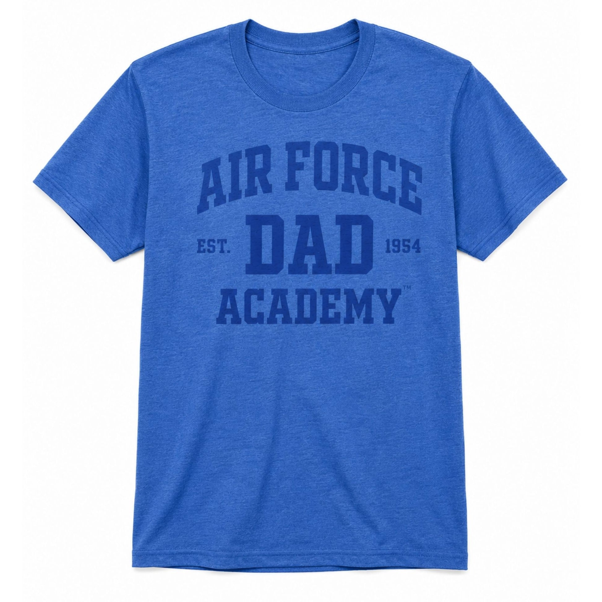 Air Force Academy Proud Dad Tee in royal blue with a tone-on-tone collegiate graphic featuring Air Force, Dad, and Academy lettering.