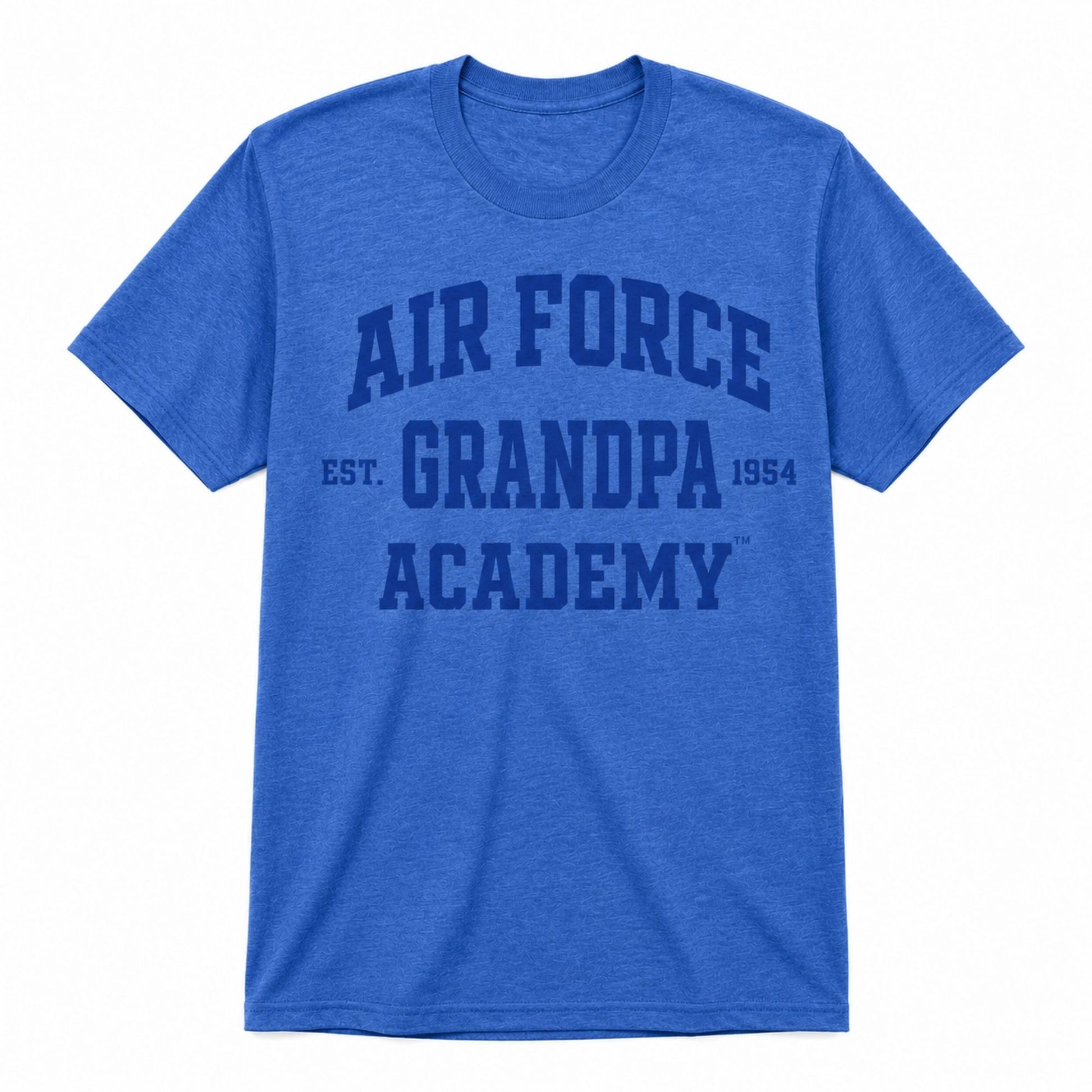 Air Force Academy Proud Grandpa Tee in royal blue with a tone-on-tone collegiate graphic featuring Air Force, Grandpa, and Academy lettering.