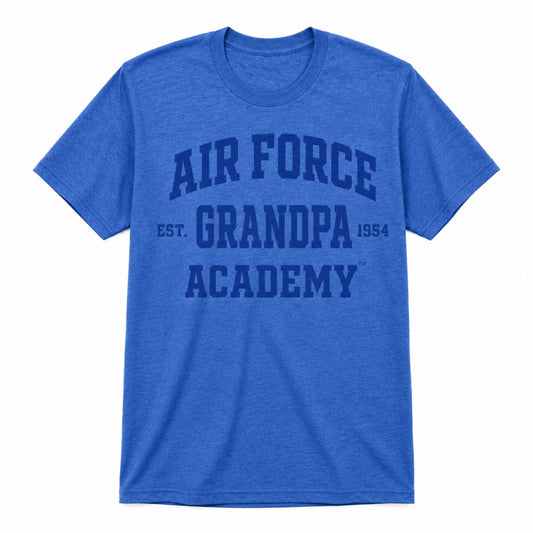 Air Force Academy Proud Grandpa Tee in royal blue with a tone-on-tone collegiate graphic featuring Air Force, Grandpa, and Academy lettering.