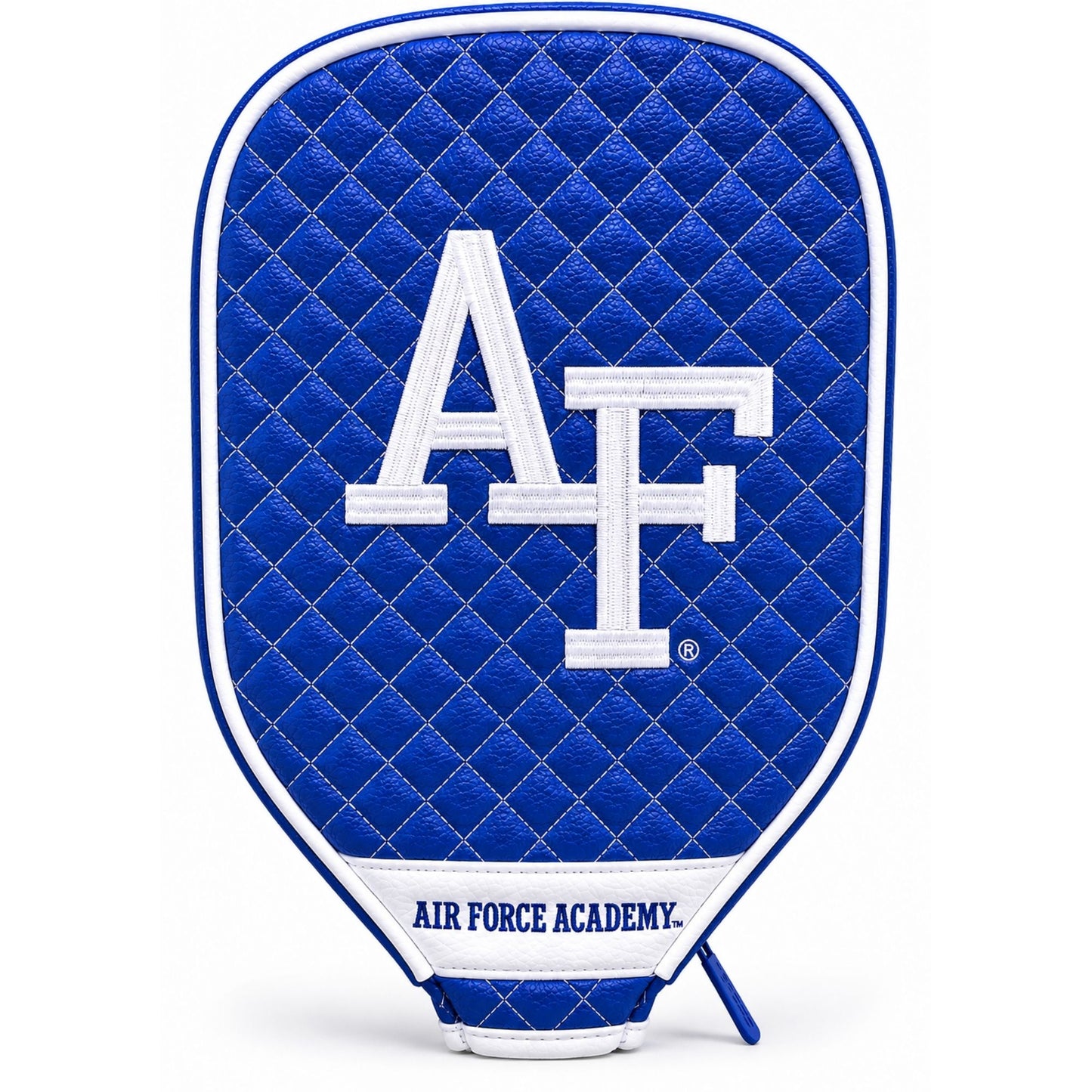 Air Force Academy quilted pickleball paddle cover with embroidered AF logo, white piping, velour-lined interior, and full-length zipper.