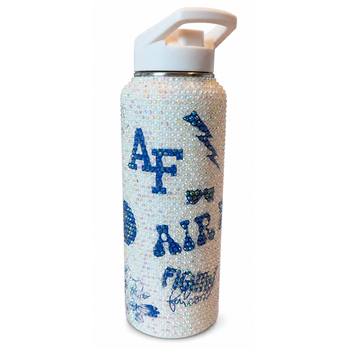 Front view of an iridescent rhinestone water bottle with blue Air Force Academy lettering and a white carry-handle lid.