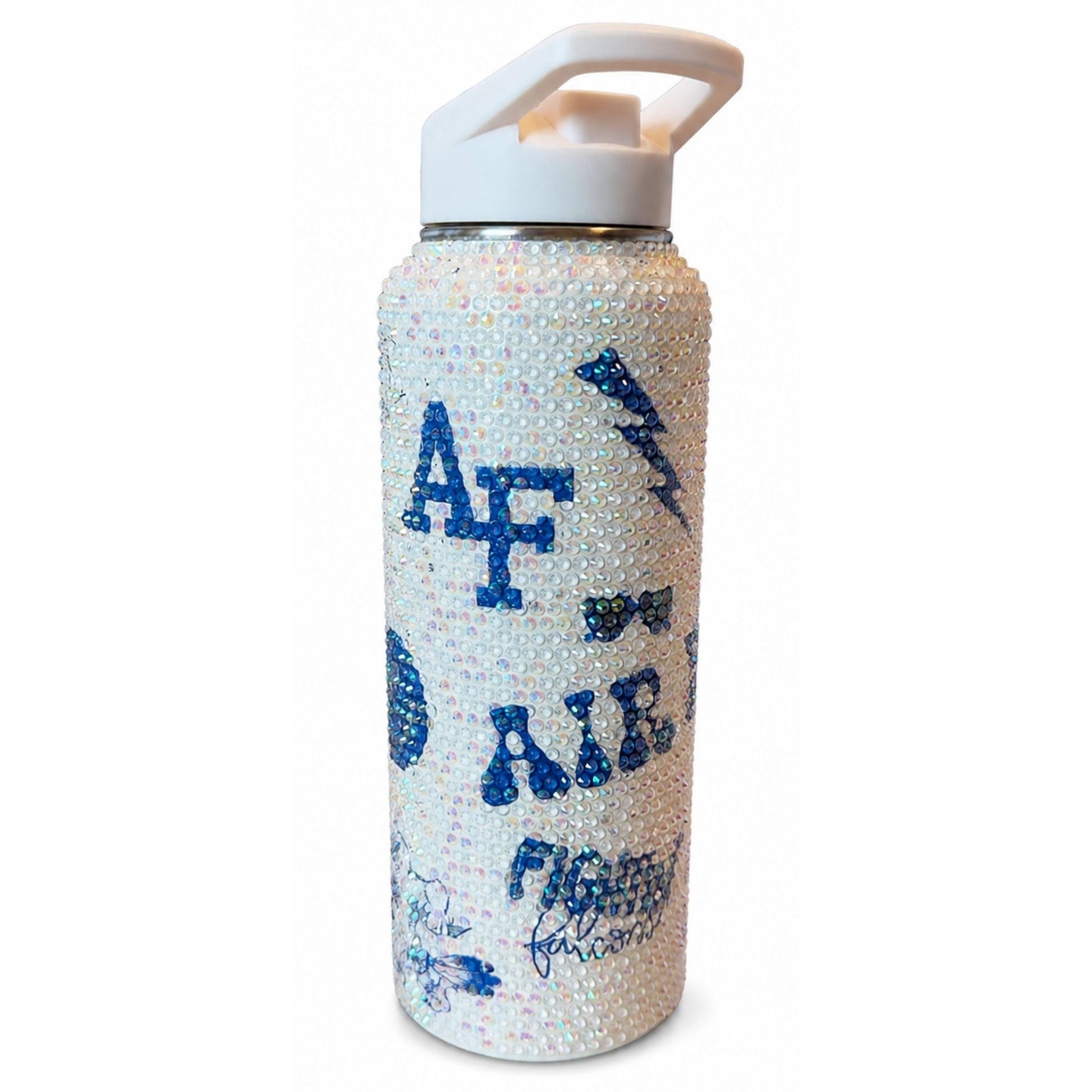 Front view of an iridescent rhinestone water bottle with blue Air Force Academy lettering and a white carry-handle lid.