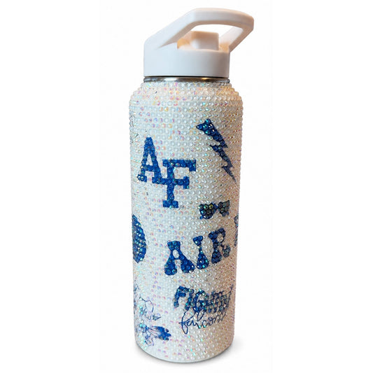 Front view of an iridescent rhinestone water bottle with blue Air Force Academy lettering and a white carry-handle lid.