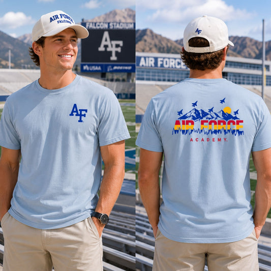 Light blue Air Force Academy Rocky Mountain Flyover Tee with AF chest logo and colorful mountain flyover graphic on back.