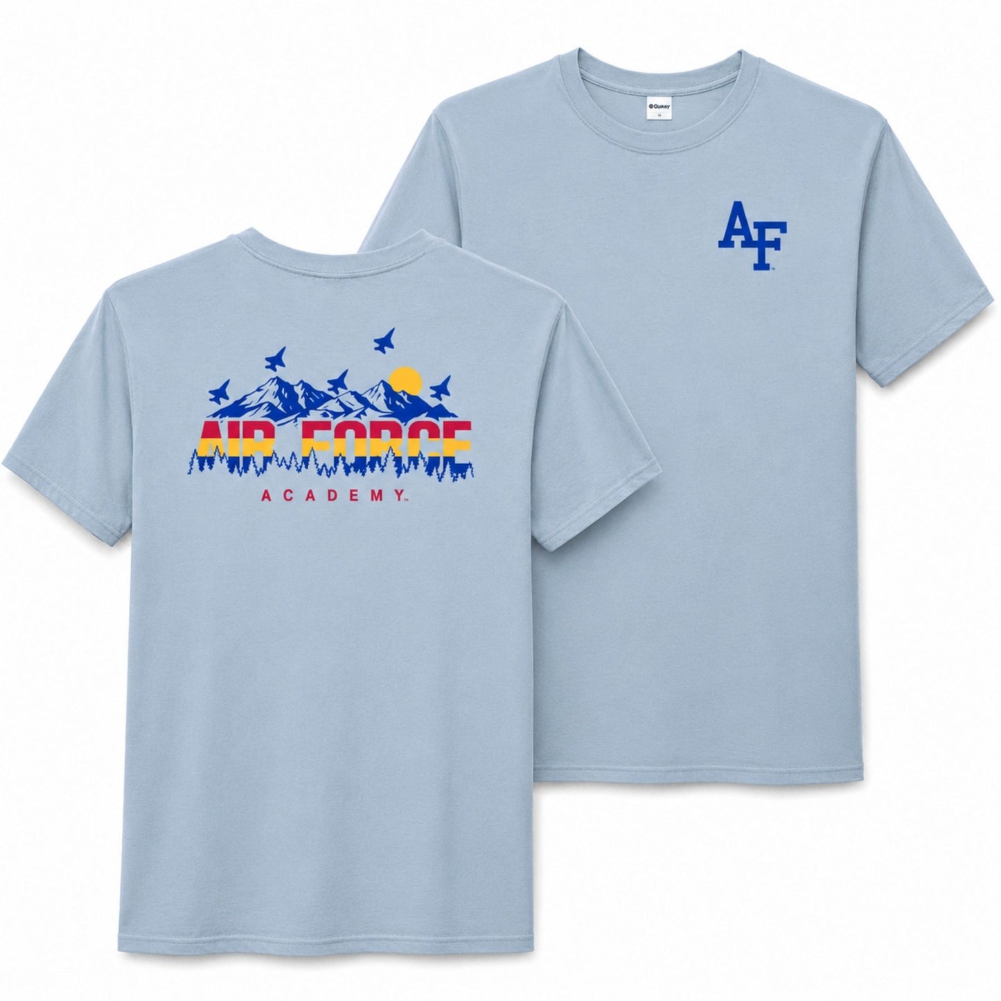 Light blue Air Force Academy Rocky Mountain Flyover Tee with AF chest logo and colorful mountain flyover graphic on back.